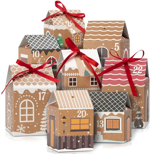 Calendario de Adviento para Rellenar, Kit de 24 Casas de Calendario de Adviento DIY con Pegatinas de Números, Cintas y Etiquetas, Cajas de Navidad Colgadas o Configuradas para Niños, Adultos