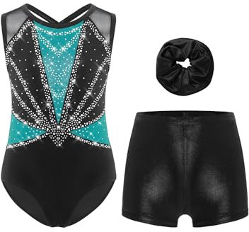 Freebily Body Ginnastica Artistica Bambina Balletto Leotards con Pantaloncini e Fascia per Capelli Body Danza Classica Moderna con Strass Abito da Pattinaggio Artistico Verde&Nero 7-8 anni
