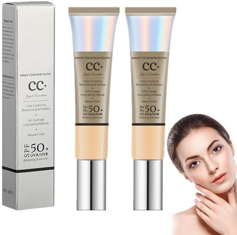 2 PC CC Cream Full Coverage Foundation Makeup Base & Sun Protection SPF 50+, Body Coverage Perfector, Fuktgivande, Lätt och icke-krympande, Täcker Effektivt Fläckor i ansiktet- Naturlig färg