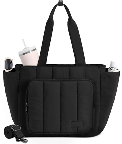 Chase Chic Bolso Mujer, Grande Tote Bag Puffer Bolsa Deporte Mujer Bolsos Acolchado Bandolera Shopper Viaje Hombro con Cremallera para Universidad Colegio Trabajar,​Negro