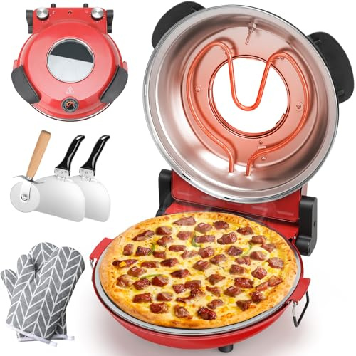 KEENSTAR Electric Pizza Oven Indoor with Glazed Ceramic Stone, 12-Inch Portable Countertop Pizza Maker with Adjustable Timer, 1200W Heat up to 800°F Pizza Maker with Viewing Window for Home DIY Pizza