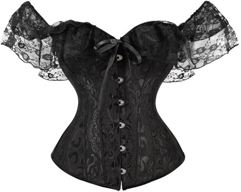 Générique Corset à Lacets pour Femme Bustier Push Up Manche en Dentelle Corset à Satin Médiéval Corsage Top Élégant Confortable Lingerie Halloween Fêtes Vetement Bustiers et Corsets Femme (Black, M)