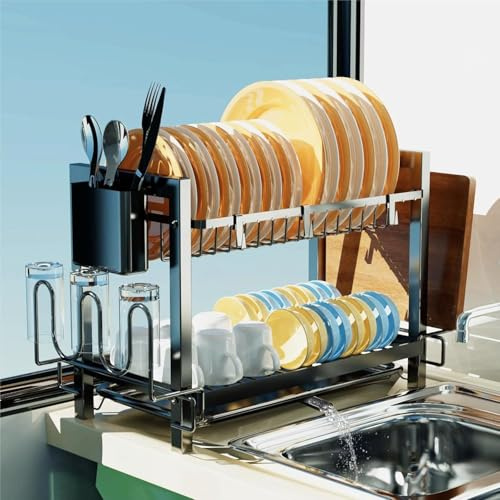 Yexati 2 Tier Dish Drying Rack, Space Saving Dish Drainer with Utensil Organizer, Cutting Board Holder & 3 Hooks, Modern Kitchen Dish Rack with Anti-Rust Coating, Black
