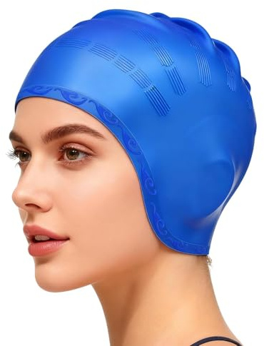 Silicone Swiming Cap, Swim Caps with 3D Ear Protection Hypoallergenic Waterproof Swimming Hat Fits Long & Short Hair Lightweight Elastic Anti-slip Swim Hat for Women Men Adult & Youth