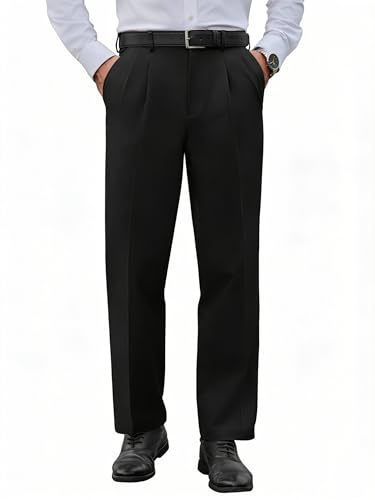 COOFANDY Mens Classic Fit Dress Pants Pleated Front Suit Pants Expandable Waist Business Casual Work Slacks Black