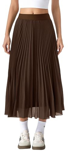 QINSEN Women's Elegant Pleated Midi Skirts A-line Flowy Long Chiffon Skirts High Waist Smooth Lining Mocha S