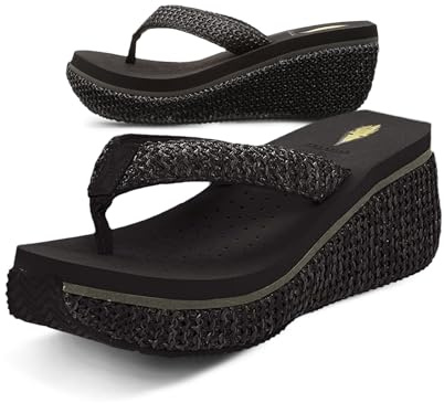 Volatile Island Wedge Sandals for Women Featuring Slip-On Thong Platform Style with EVA Insole and Rubber Outsole, Black Raffia - 8