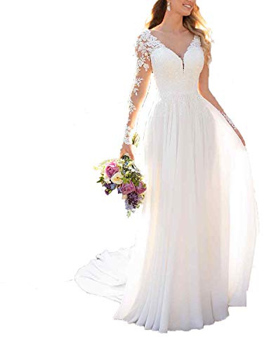 Findlovewedding Wedding Dresses for Bride with Lace Appliques Chiffon A Line Women Dress Long Sleeves Beach Bride Dress US 6 Off-White