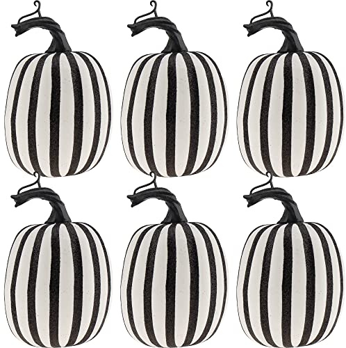 Gresorth 6pcs Fake Zebra Pumpkins Set Decoration Artificial White Pumpkin for Home Kitchen Party Halloween Christmas Farmhouse Outside Autumn Centerpiece