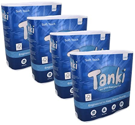 Tanki Sustainable Toilet Paper | 36 Rolls, 2-ply, 200 Sheets Each | UK Made | Non-Blocking, Eco Friendly, Septic Safe Soft & Strong Toilet Roll | (4 x 9 Rolls)