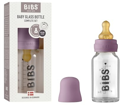 BIBS Baby Glass Bottle. Anti-Colic. Round Natural Rubber Latex Teat. Supports Natural Breastfeeding, 110 ml, Mauve