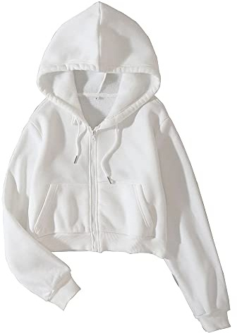 LOFAAC Women Fleece Full Zip Up Cropped Hoodie Sweatshirt 90s Long Sleeve Drawstring Hooded Crop Jacket Top(M,US,Women,White)