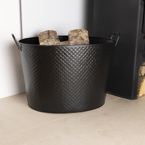 CHARLES BENTLEY Wood Bucket, Snug, Willow, Small, Fireside, Log Bucket, Iron, Oval Opening, Black Matte Finish, Contemporary Design, Diamond Embossed Body, Metal Handles, 4KG Capacity (45x37x32cm)