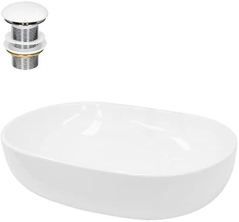 ECD Germany Lavabo per Bagno da Appoggio 600 x 420 x 145 mm in Ceramica Bianca incl. Piletta di Scarico per Lavandini Senza Troppopieno Lavello Ovale Sanitari per Bagno
