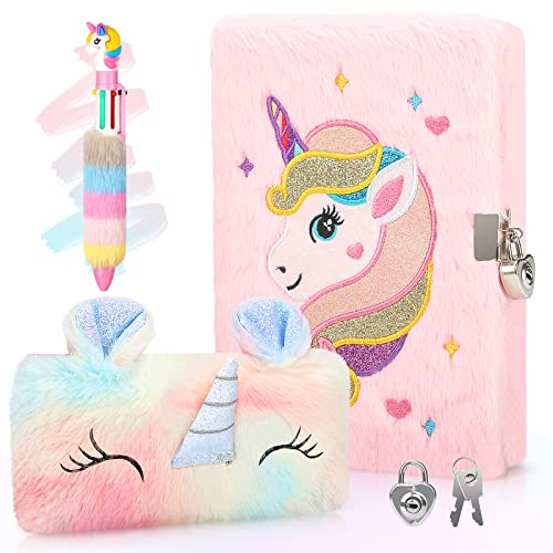 Anyfirst Plüsch Tagebuch Mädchen mit Schloss, Einhorn Plüsch Tagebuch Set mit Stift, Federmäppchen & Notizbuch Kinder, Einhorn Geschenke für 6 7 8 9 10 11 12 Jahre