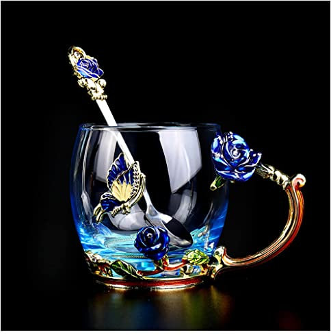 Tazzine Caffè Turco Tazza da caffè in vetro con farfalla fatta a mano con fiori di rosa, tazze da caffè con cucchiaio, regalo di nozze di compleanno per le donne Tazzine Moka Tazzine Caffè ( Color : 3