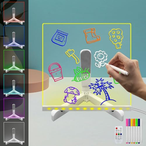 Lavagna in acrilico cancellabile a secco con luce LED, lavagna luminosa per pianificazione, bacheca per messaggi e promemoria con 7 penne, adatta per ufficio, scuola e casa (20,3 × 20,3 cm)