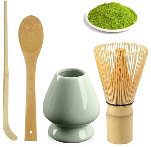 4pcs Matcha Scopa Frusta Matcha Bambù 80 Setole con 2 Cucchiai Matcha, Porta Scopa Matcha Verde, Scopa di Bambù Matcha, Matcha Whisk, Accessori Matcha, Porta Pennello da tè in Ceramica
