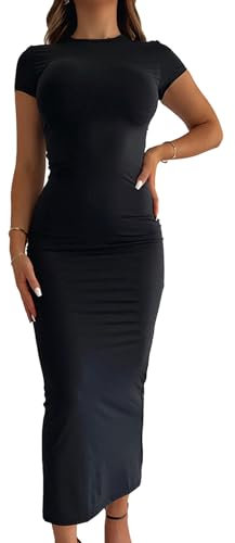 Hanaoops Damen Kleid Sommer Lounge Langes Maxikleid Elegant Kurzarm Rundhalsausschnitt Figurbetontes Kleider Y2k Aesthetic Clothes