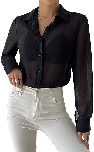 GORGLITTER Women's Chiffon Sheer Button Down Blouses Long Sleeve Collared Sexy Shirt Tops Black M