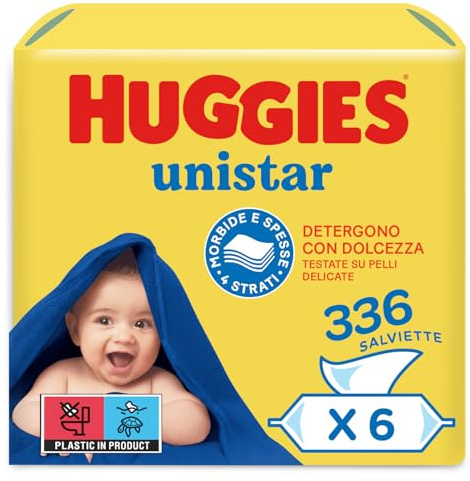 Huggies Unistar, Salviette neonato, Dermatologicamente testate, 65% fibre assorbenti naturali, 336 Pz (6 x 56)
