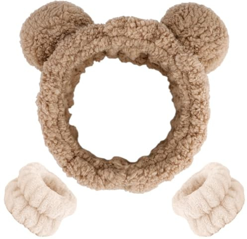 Fokroin Lot de 3 bandeaux spa pour le visage - Pour le maquillage - Oreilles d'ours en peluche - Convient pour le nettoyage du visage, le bain et les cosmétiques - Couleur marron - Oreilles d'ours