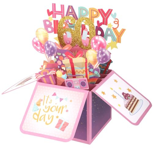 Gosknor Tarjetas de Regalo de Cumpleaños, Tarjetas de Cumpleaños en Caja 3D Multicolor con Sobres y Tarjeta de Felicitación Los Mejores Regalos de Tarjetas de Cumpleaños para Familiares Amigos (60.°)