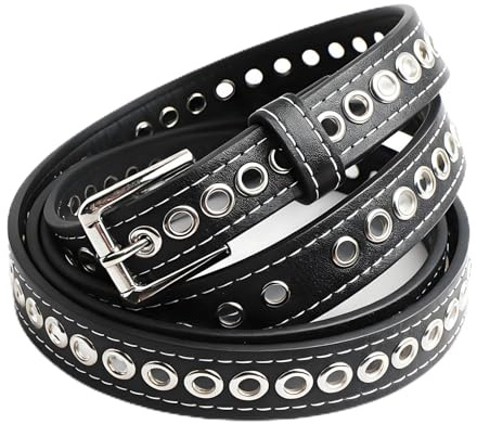 Verazquy Women's Double-Hole Studded Belt – Women's PU Leather Studded Belt with Metal Buckle Slim-Fit Hollow Punk Gothic Suitable for Jeans Pants Halloween