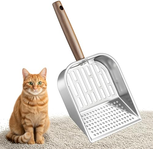 Hwtcjx Pala Arena Gatos, Pala Arenero Gatos Metal, Recogedor de Arena con Mango de Madera, Distancia del Agujero 7mm 3mm, Recogedor Caca Limpieza de Caja de Arena