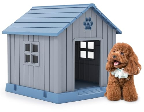COSTWAY Caseta Perro Grande, 76x83x83 cm, Casa de Perro Exterior con Rejillas de Ventilaciones y Base Elevado, Refugio Impermeable Aislado para Mascotas Pequeños y Medianos Interior y Exterior, Azul