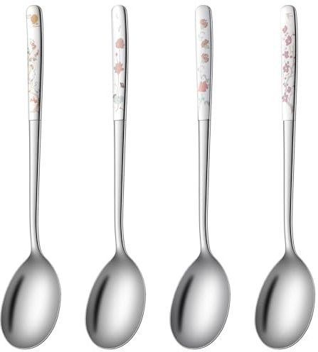 4PCS Korean Spoons, 8 Inch Stainless Steel Long Handle Korean Soup Spoons for Eating, Asian Dinnerware (Flower Design)