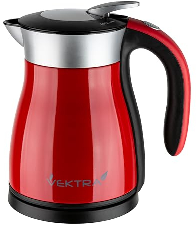 Vektra VEK-1201R Vacuum Insulated Environmentally Eco Friendly Easy Pour Cordless Kettle, 1.2 Litre, Red
