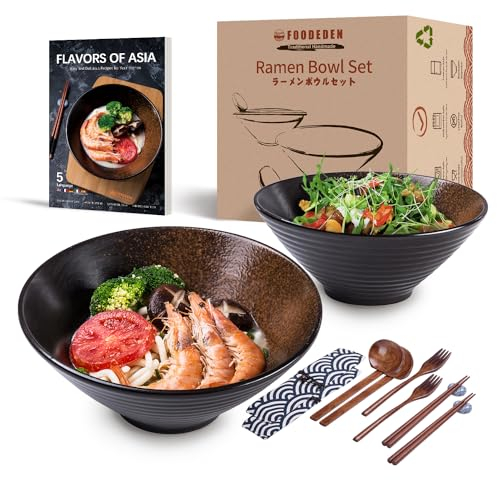 foodeden Bols à ramen en céramique, 2×1500ml pour la soupe, le Pho, l'Udon, la salade, les pâtes, les céréales et le mélange de fruits, cadeau fait à la main de style japonais vaisselle asiatique
