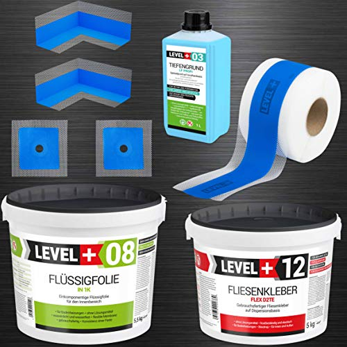 Set de joints pour carrelage - 5,5 kg - Colle de carrelage - 5 kg - Fond de profondeur de 5 kg - Bande d'étanchéité de 5 m - Intérieur x 2 - Manchettes murales - 2 douches de douche - SET501
