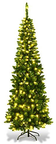 COSTWAY 135/200/225cm Bleistift Weihnachtsbaum mit warmweißen LED-Leuchten, künstlicher Tannenbaum mit Klappsystem und Metallständer, Christbaum PVC Nadeln, Kunstbaum Weihnachten Grün (200cm)