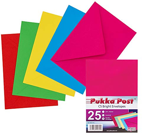 Pukka Pad, Pukka Post & Packaging Gummed Envelopes - Pack of 25, Ready-to-Seal, Durable 100GSM Postal Envelopes for Letters, Invitations, and Other Mail - 229 x 162 mm, Size C5, Brights