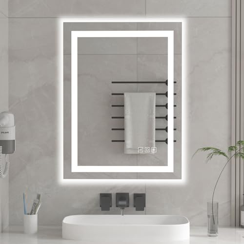 furduzz Badrumsspegel, 60x45 cm LED-spegel badrumsspeglar med belysning med Touch Switch, Anti-dimma, Minnesfunktion, 3 färger Justerbara väggmonterade sminkspeglar