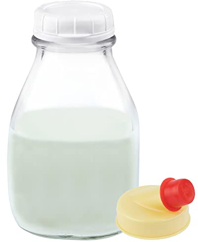 kitchentoolz 16 oz Glass Milk Bottle with Lid and Pour Spout – Small Glass Creamer Container for Refrigerator – Airtight Pint Milk Bottle for Coffee, Tea, and Liquid Storage