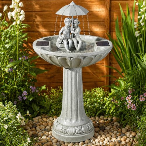 Festive Lights - 82cm Grey Umbrella Solar Water Fountain with Bird Bath - Weathered Stone Effect, Outdoor Garden Feature, IP44 Rated, Decorative Figurines & Dog Statue, Wildlife Friendly, Freestanding