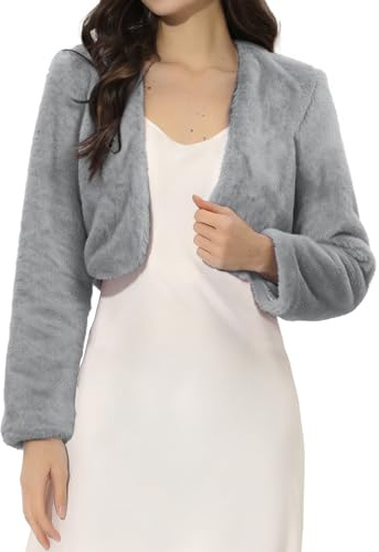 Allegra K Women's Fur Jacket Cropped Wedding Bolero Gown Faux Fur Shrug | Fall Winter Coat, Open Front Fuzzy Overcoat, Long Sleeve, Formal, Evening Fluffy Outfit Gray M