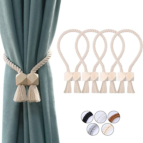 OCIOLI 4 Stück Starke magnetische Vorhang-Raffhalter, Vorhanghalter, Outdoor-Vorhang-Raffhalter, Baumwolle, handgewebt, Raffhalter, Vorhangbänder für Vorhänge (Beige, 4)