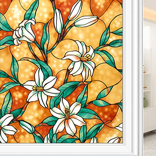 Lifetree Stained Glass Window Film Privacy: Frosted Window Film Self Adhesive Floral Privacy Film Decorative Window Stickers Static Cling UV Blocking for Home Office (Yellow, 44.5 * 300cm)