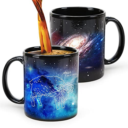 MUGKISS Magische Kaffeetasse, Widder Geburtstagsgeschenke, Zodiac Astrologie Constellation Cup 11oz, Keramikbecher, einzigartige März April Geschenke