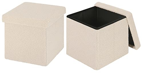 eSituro 2er Set Faltbarer Sitzhocker mit Stauraum, Fußhocker Polsterhocker Sitztruhe Aufbewahrungsbox, bis 300 kg belastbar, aus Teddyfleece Beige