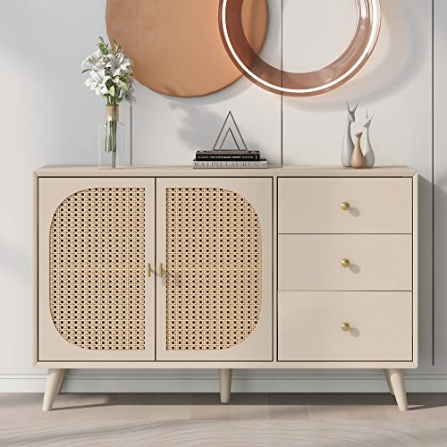 Merax Kommode mit 3 Schubladen und 2 Türen, Rattan Sideboard Schubladenschrank aus Holz, Highboard TV-Tisch mit viel Stauraum, für Schlafzimmer & Wohnräume & Büro (Offwhite, 120 x 82,5 x 40 cm)