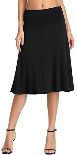 Falda Elegante Elástica hasta la Rodilla Color Sólido Cintura Alta Midi Falda para Mujer (M, Negro Algodón)