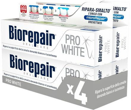 Biorepair, Pro White Zahnpasta, 4 Packungen à 60 ml, aufhellende Zahnpasta mit PVP-Polymer-Technologie, repariert Nagellack und Zahnstein für weiße und strahlende Zähne, ohne Fluorid
