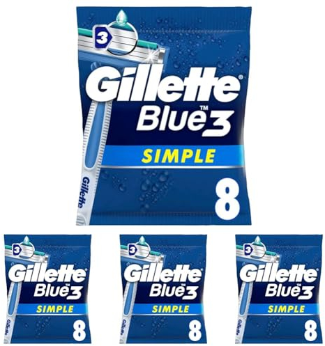 Gillette Blue 3 Simple Einwegrasierer Männer, 8 Rasierer mit 3-fach Klinge, fixierter Klingenkopf, Feuchtigkeitsstreifen (Packung mit 4)