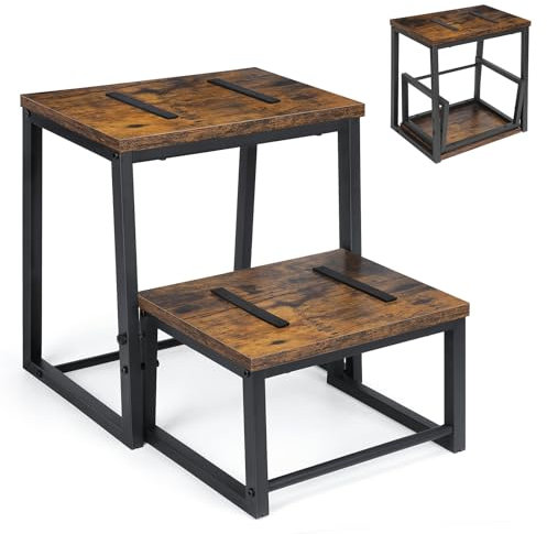 LIANTRAL 2-Stufen Tritthocker für Erwachsene und Kinder, Stabiler Metallrahmen Holzbrett Step Hocker Helfer, Unterstützt bis zu 160KG, Fußhocker, 2-in-1 Design verstaubarem Tritthocker, Retro Braun