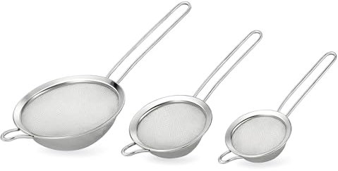 Stainless Steel Sieve Set – 3 Sizes (18cm, 12cm, 8cm) | Fine Mesh Strainer Set for Kitchen | Durable & Rust-Resistant | Hanging Hoop | Ideal for Sifting, Straining, Tea, Juices, Flour, and Sauces